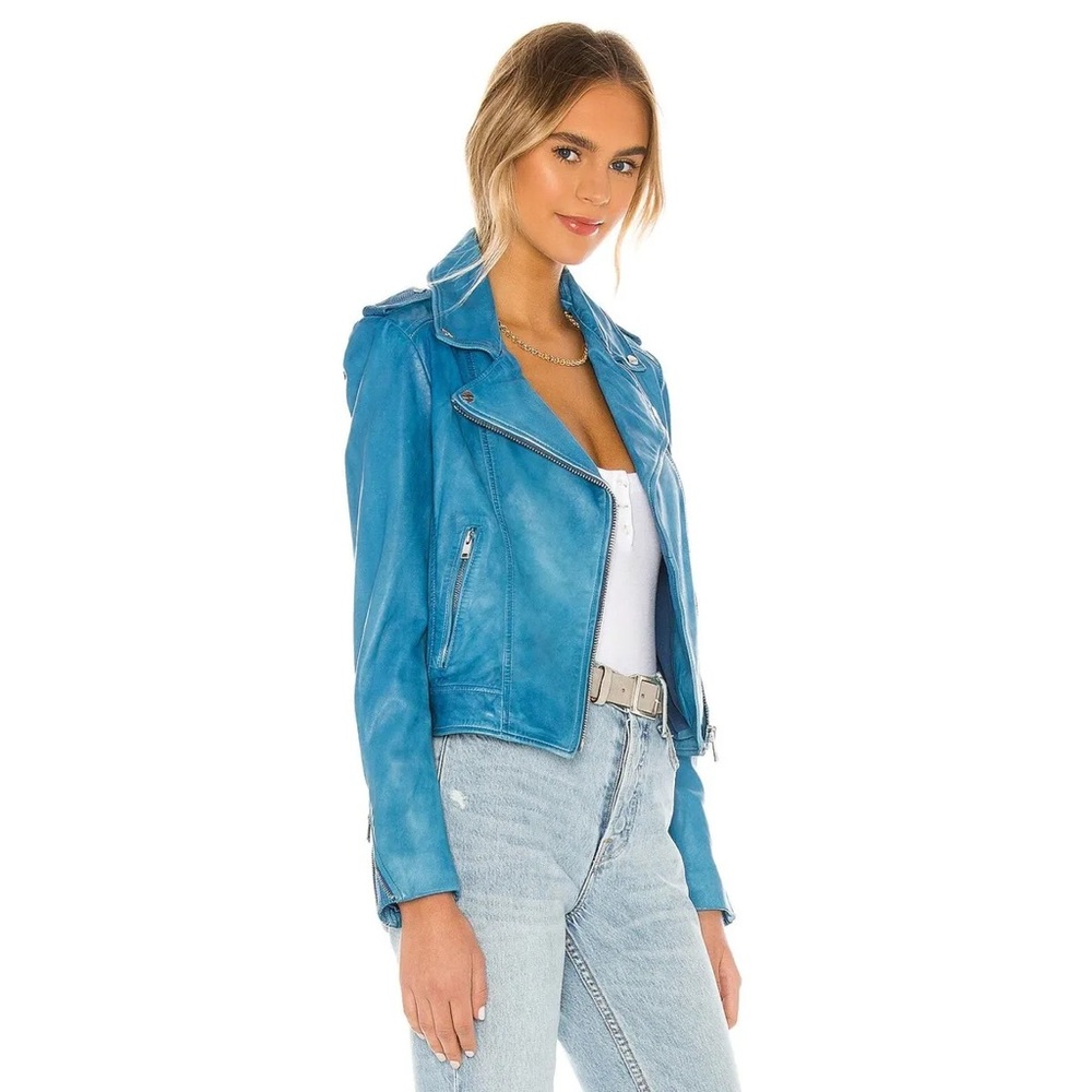 LaMarque Donna Leather Biker Moto Jacket in Faded Jean